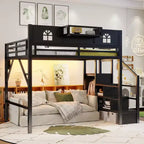 ModernLuxe Hochbett für Full/Queen-Betten mit Treppe und integriertem Kleiderschrank, Metallbettgestell mit LED-Beleuchtung, USB-Ladestation und Ablagefächern