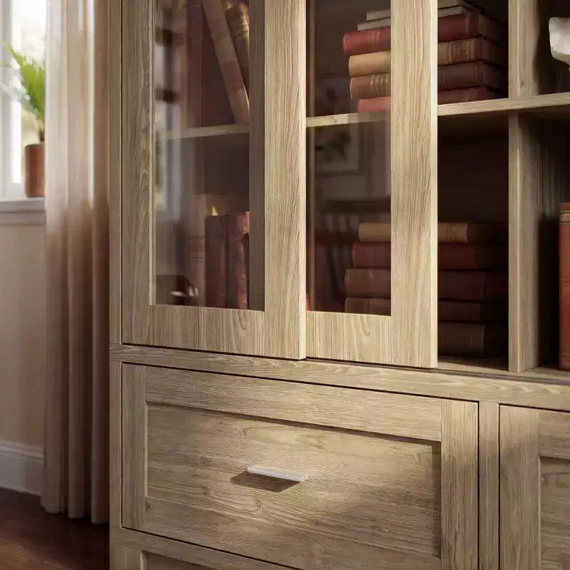Famapy Vitrine aus heller Eiche: 63 cm breit, Schiebetüren aus Glas + Schubladen. Geräumiger Organizer für Heimbüchereien und Wohnzimmer