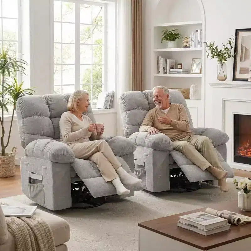 Massage-Liegesessel mit Heizfunktion – 360° drehbarer Schaukelstuhl, überdimensioniertes Einzelsitzer-Sofa mit Vibration, USB-Anschluss und Aufbewahrungstaschen für Wohnzimmer/Schlafzimmer