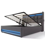 Queensize-Bett mit hydraulischem Stauraum, LED, USB, gepolstertem Kopfteil, kein Boxspringbett, einfache Montage