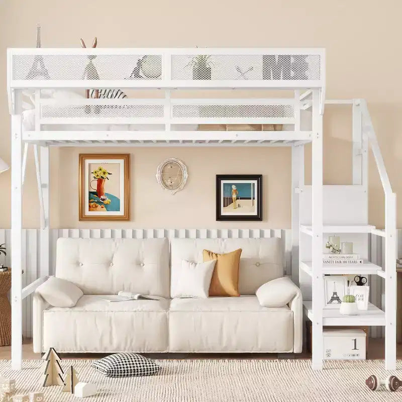 Okak 94IN Hochbett in Doppelbettgröße mit Kleiderschrank, Doppelbett mit Ablagefächern und Korb, Bettrahmen für Schlafzimmer, Wohnheim