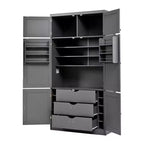 Hoher Küchenschrank mit Steckdosen, großer freistehender Schrank mit Mikrowellenständer, Schubladen, Regalen, Weinregalen und Türregal