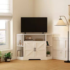 Eck-TV-Ständer für Fernseher bis 55 Zoll, Bauernhaus-Mediakonsole mit Scheunentüren, offenen Regalen und Aufbewahrungsschrank, Weiß