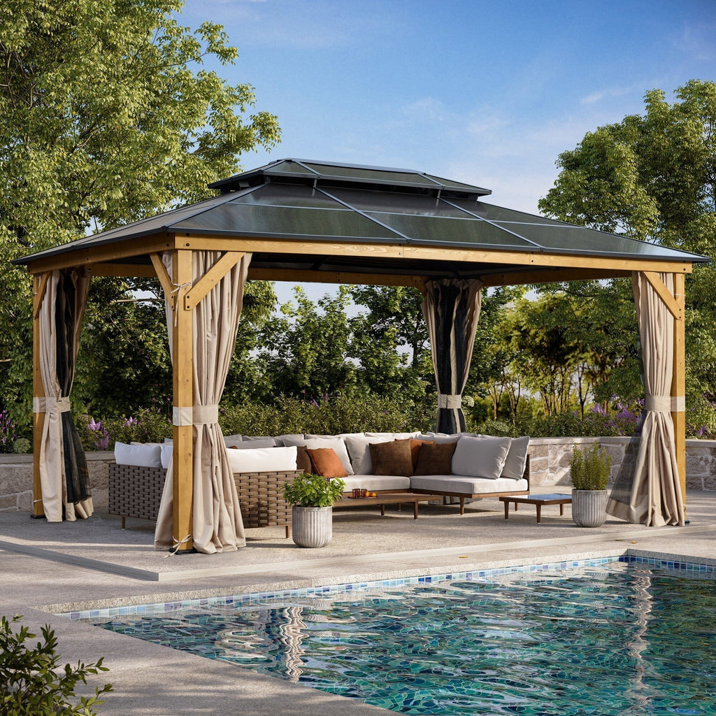 EROMMY Hardtop-Pavillon, Outdoor-Pergola mit Doppeldach & Netzen & Vorhängen, Hochleistungs-Canopy für Terrasse, Garten, Poolparty