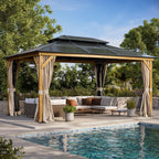 EROMMY Hardtop-Pavillon, Outdoor-Pergola mit Doppeldach & Netzen & Vorhängen, Hochleistungs-Canopy für Terrasse, Garten, Poolparty