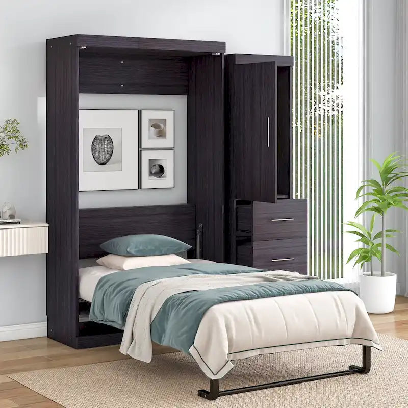 Graues klappbares Schrankbett mit Kleiderschrank & 3 Schubladen, Full/Twin, 1-Personen