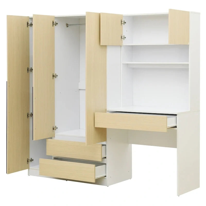 3-in-1 Kleiderschrank mit Schminktisch, Schreibtisch-Set, Schlafzimmer-Schrank mit 2 Schubladen, 3-türiger Aufbewahrungsschrank mit Schreibtisch