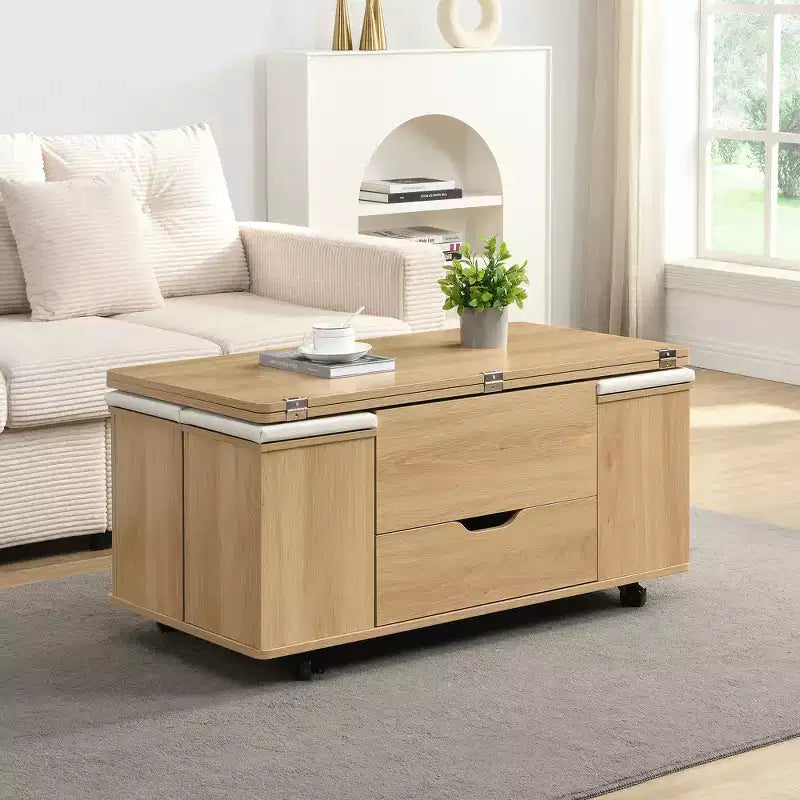 Multifunktionaler moderner Couchtisch mit Hebefunktion, verstecktem Stauraum, 4 Hockern und Rollen, perfekt für moderne Wohnbereiche