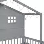 Hausbett in Twin-Größe mit Ablageregalen und Rausfallschutz, Montessori-Bettrahmen aus Holz für Kinder mit Fenster und glitzerndem Lichtband