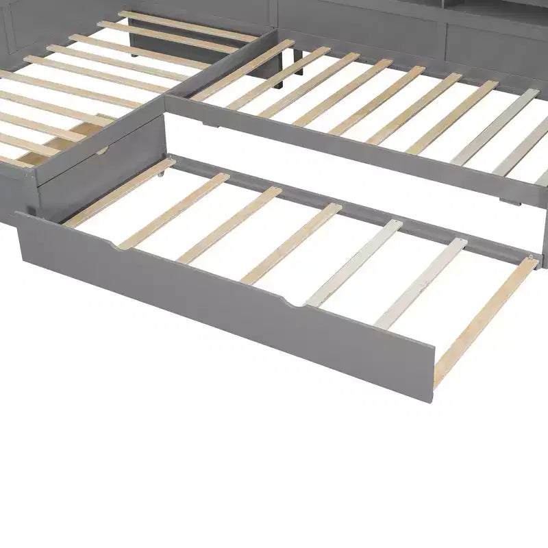 L-förmiges Plattformbett in Twin-Größe mit Rollbett und Ladestation, Holzbettgestell mit Bücherregal