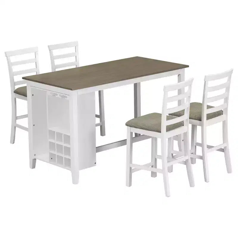 Landhaus Esstischgruppe, 5-teilig, Tresenhöhe, mit 4 Stühlen, rechteckiger Holztisch mit Ablagefächern und Barfach/Weinregal