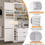 Hoher Küchenschrank mit Steckdosen, großer freistehender Schrank mit Mikrowellenständer, Schubladen, Regalen, Weinregalen und Türregal