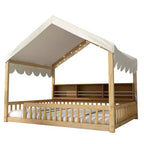 Whisen Vollholz-Bettgestell, Hausbett mit Zaun, 3 Aufbewahrungsregale, Vorhang