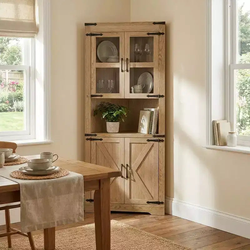 69" Hoher Eckschrank, Bauernhaus-Eckschrank, platzsparender Stauraum, Glastür, verstellbare Einlegeböden, für Wohnzimmer, Küche