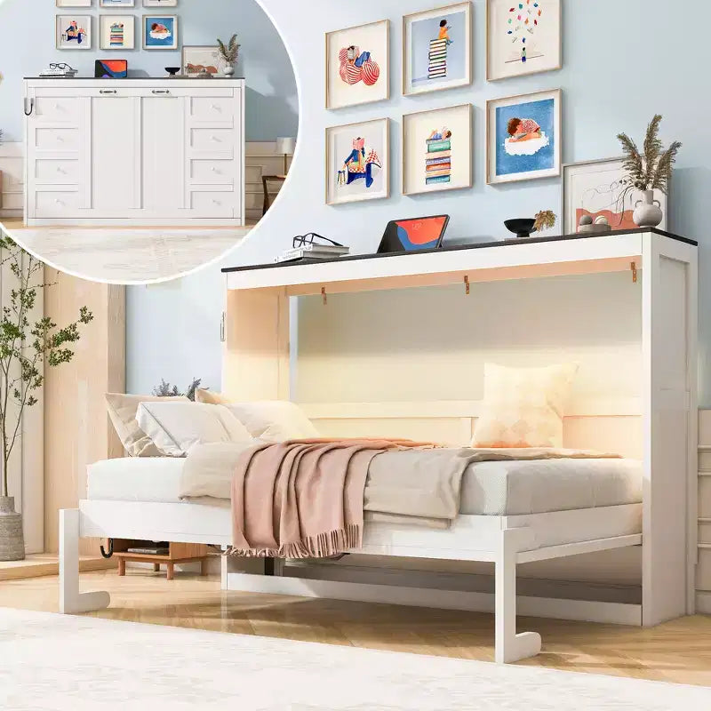 Doppelbett Murphy-Bett mit LED-Beleuchtung, kann in einen Schrank umgewandelt werden, Verstecktes Wandbett-Schrank für Gästezimmer