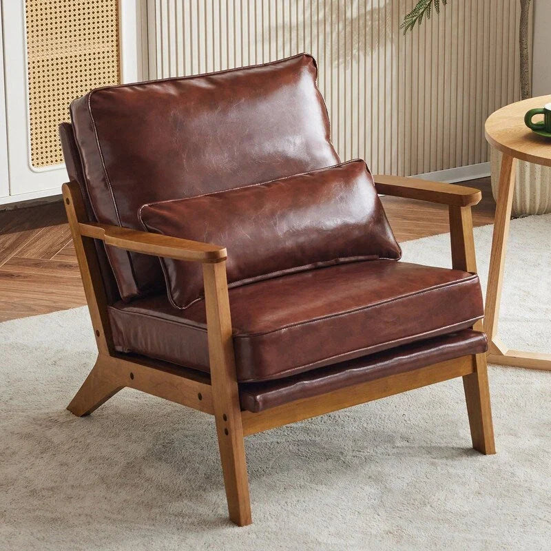 Polster-Akzentsessel aus Leinenmischgewebe mit Holzbeinen und einem Kissen, Beige