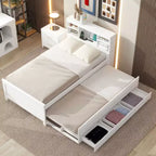 Plattformbett mit Rollbett und Schubladen, Stauraumbett mit USB-Anschluss, Holzbett mit Bücherregal
