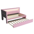 Einzel-/Doppel-Tagesbett mit Ausziehbett und L-förmigem Bücherregal-Kopfteil, gepolstertes Eckbett aus Leinen mit Ablageregalen und LED-Beleuchtung