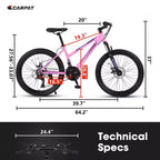 Okak 24/26 Zoll Mountainbike mit 21 Gängen und doppelten Scheibenbremsen, Kinderfahrrad mit 100mm Federgabel, Dirt Bike für Teenager und Frauen