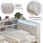 L-förmiges Holzsofa-Tagesbett mit Schreibtisch, Bücherregal, Eckbett mit Schubladen unter dem Bett, gepolstertem Kopfteil und integrierter Beleuchtung
