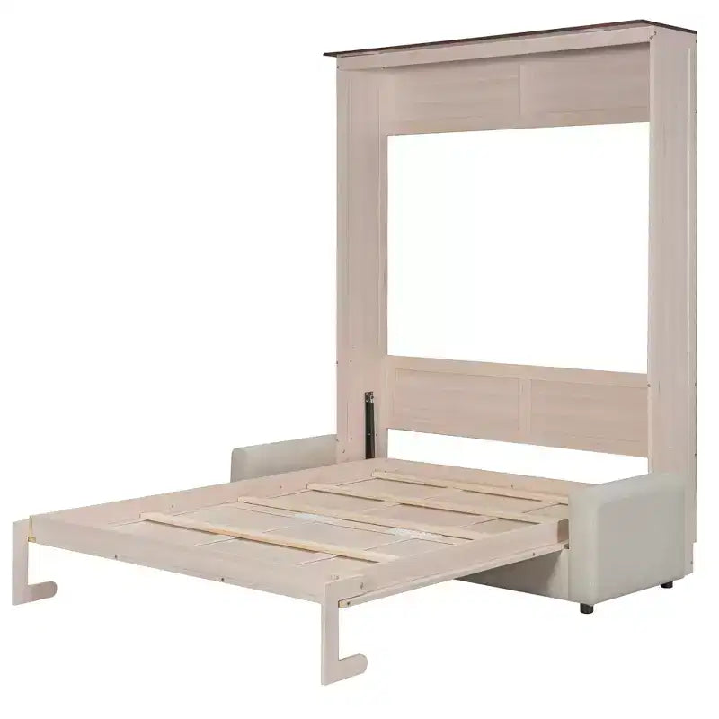 Murphy-Bett in Queen-Size mit Sofa, Queen-Schrankbett aus Holz mit LED-Beleuchtung, klappbares Truhenbett für Gästezimmer, Beige