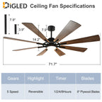 Deckenventilator mit Beleuchtung, Fernbedienung, groß, 8 Holzflügel