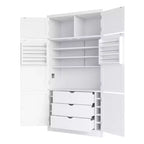 Hoher Küchenschrank mit Steckdosen, großer freistehender Schrank mit Mikrowellenständer, Schubladen, Regalen, Weinregalen und Türregal