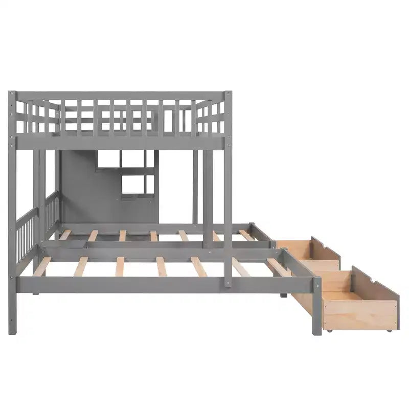 Whisen Etagenbett mit Doppelbett oben und zwei Einzelbetten unten, dreifaches Etagenbett aus Holz mit Schubladen und Schutzgittern