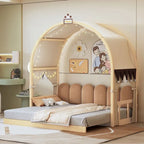 Massivholz-Spielhaus-Plattformbett, Montessori-Bettrahmen mit gewölbtem Dach und Ausziehbett für Mädchen und Jungen