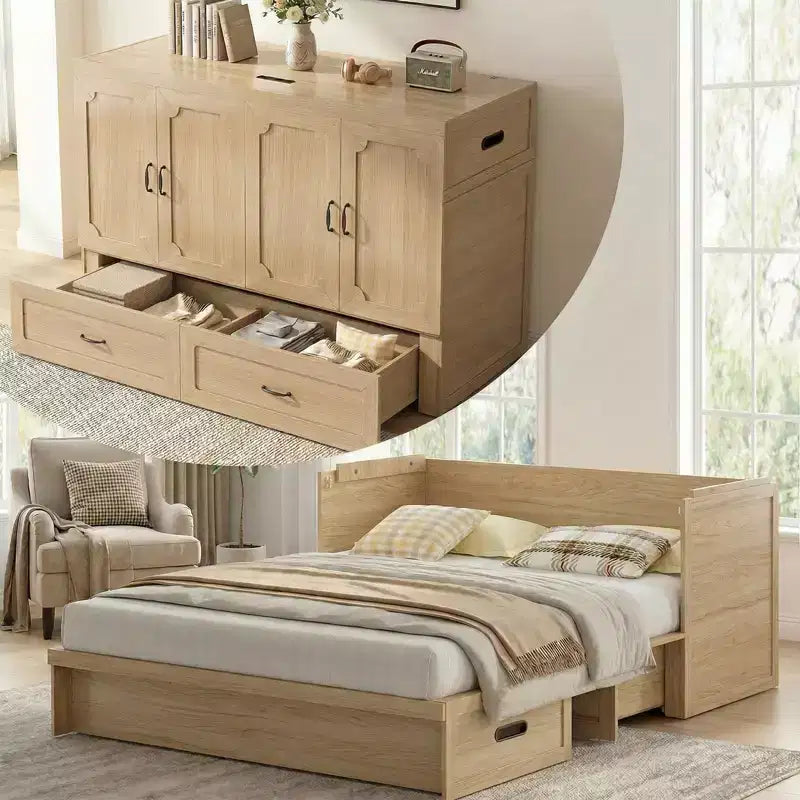 Mjkone Queen-Size-Schrankbett mit Matratze, USB-Ladeanschluss und Aufbewahrungsschubladen