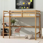 Okak Minimalism Hochbett mit Leiter, Hochbett aus Kautschukholz mit Sicherheitsgeländer und integriertem Schreibtisch, Bettrahmen für Kinder, Jugendliche