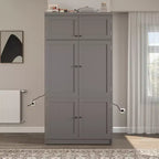 Hoher Küchenschrank mit Steckdosen, großer freistehender Schrank mit Mikrowellenständer, Schubladen, Regalen, Weinregalen und Türregal