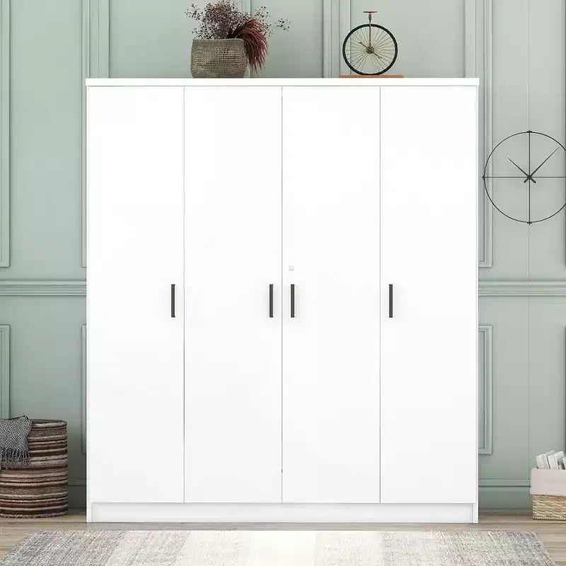 Holz-Kleiderschrank mit 4 Türen, Kleiderstange, 1 Schublade und Ablagefächern