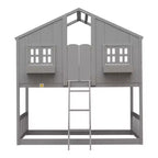 Doppel-Loftbett in Hausform, Holzspielhaus-Loftbett mit Leiter und Schutzgittern für Kinder
