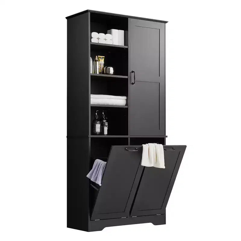 Badezimmerschrank mit Türen und Schubladen, Kippwäschekorb, mehreren Ablagefächern, freistehend