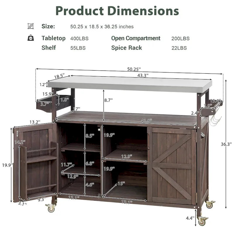 Outdoor-Kücheninsel, rollbarer Barwagen und Aufbewahrungsschrank, Massivholz-Grilltisch mit Edelstahlplatte, Gewürzregal, Handtuchhalter