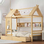 Haus-Plattformbett mit Aufbewahrungsschubladen und Fenster, Massivholzrahmen mit Regalen, kindgerechtes, lustiges Design, Hellweiß