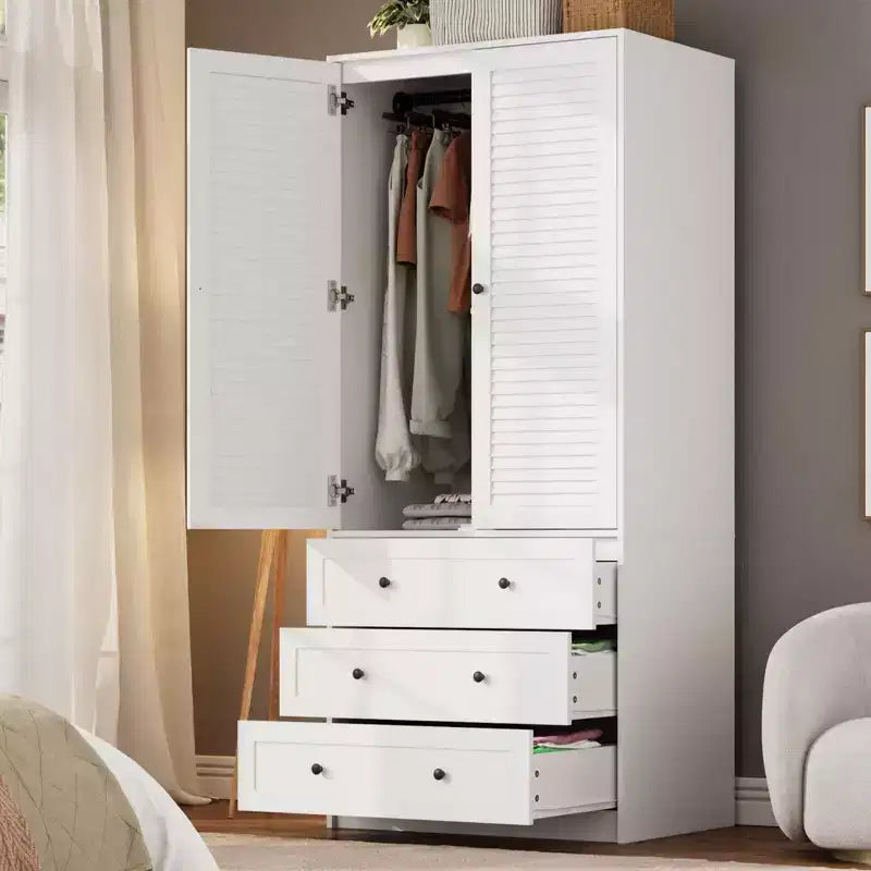 COZONY Kleiderschrank mit 3 Schubladen und 2 Türen, moderner Holzschrank für Schlafzimmer, robuster weißer Stehschrank