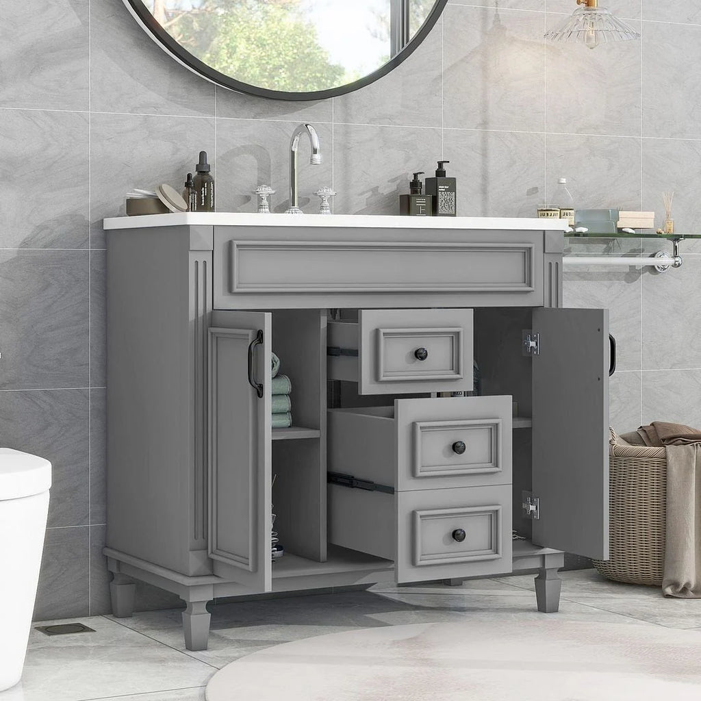 Moderner 36'' Badschrank mit Aufsatzwaschbecken und Spiegelschrank, 2 Türen und 2 Schubladen