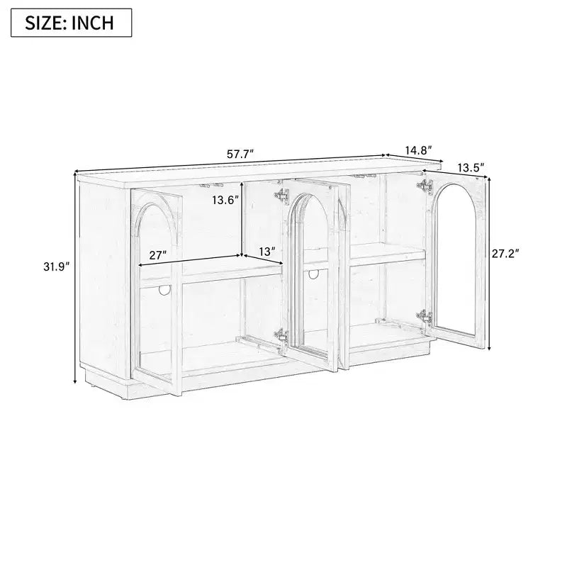 Großes 4-türiges Sideboard mit Glastüren, gewölbtes Sideboard mit verstellbaren Einlegeböden für die Küche
