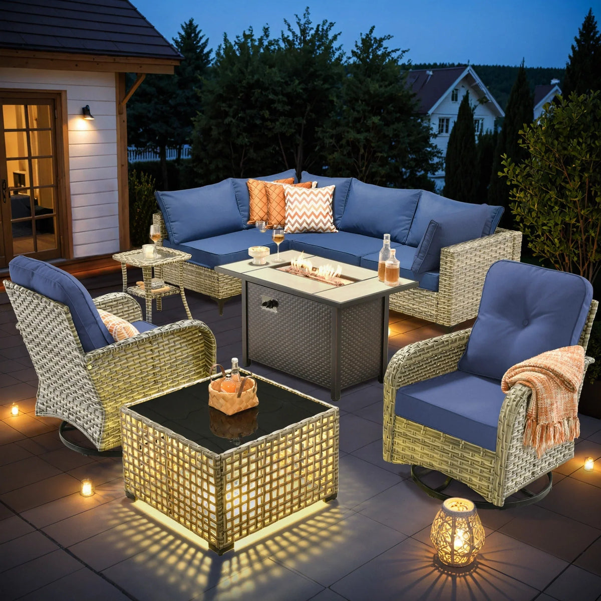 OVIOS 9-teiliges Gartenmöbel-Set aus Korbsessel und Feuertisch
