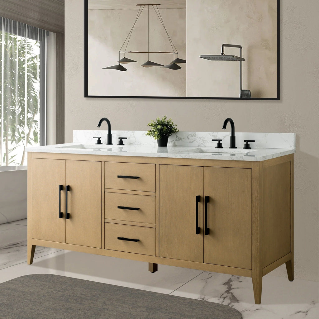 Vanity Art 72 Zoll Badezimmer-Waschtischunterschrank mit Doppelwaschbecken und Kunstmarmorplatte