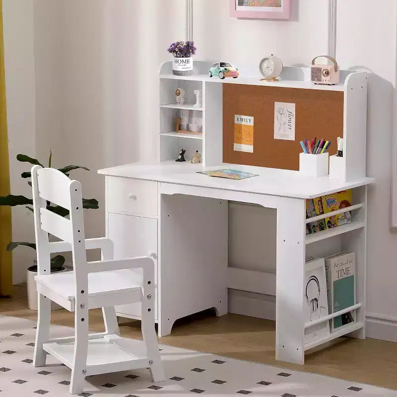 Kinderschreibtisch, Schreibtisch- und Stuhlset für Jungen und Mädchen, Holzkinder-Schreibtisch mit Bücherregal, Pinnwand, Schrank und Schublade für Kinder von 3-8 Jahren