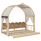 Massivholz-Spielhaus-Plattformbett, Montessori-Bettrahmen mit gewölbtem Dach und Ausziehbett für Mädchen und Jungen
