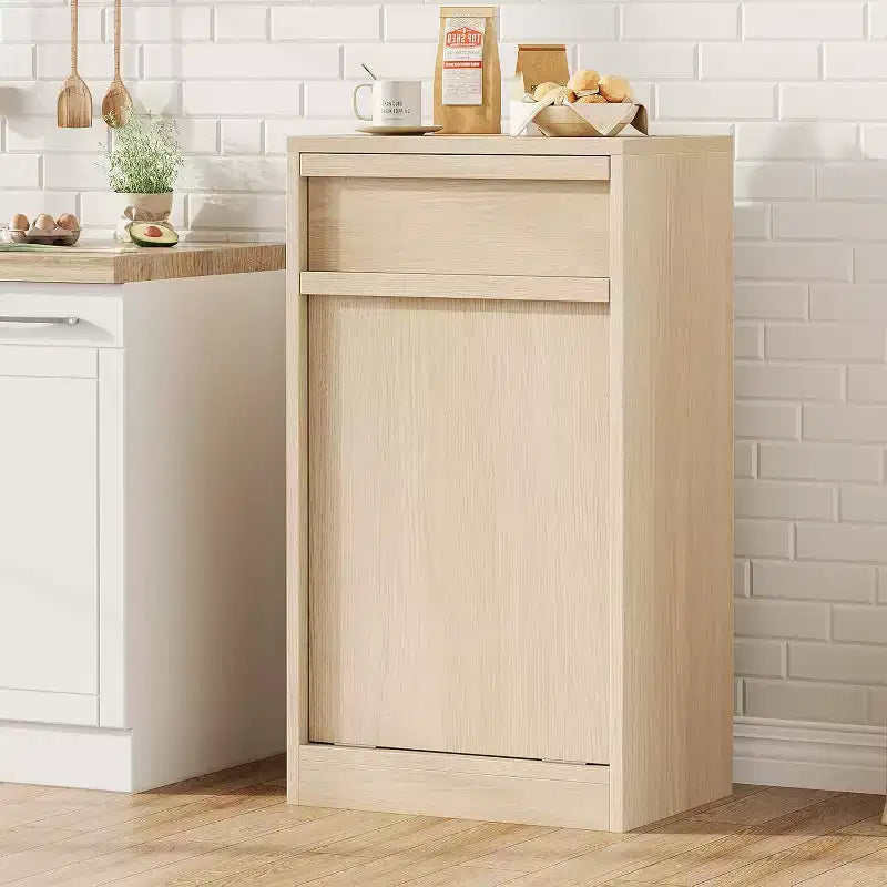 Kippbarer Mülleimer, natürliche Eiche, Mülleimer mit Stauraum und Schublade, versteckter Müllschrank, Wäschekorb für Küche, Esszimmer, Wohnzimmer