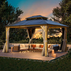 EROMMY Hardtop-Pavillon, Outdoor-Pergola mit Doppeldach & Netzen & Vorhängen, Hochleistungs-Canopy für Terrasse, Garten, Poolparty