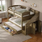 Whisen Twin XL Etagenbett mit Ausziehbett, Etagenbett mit Stauraum, Etagenbett aus Massivholz, Treppe mit Stauraum, Kleiderschrank, 3 Schubladen, für Kinder