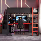 GDFStudio Scott hölzernes Gaming-Hochbett mit Stauraumtreppe, Schreibtisch, Regalen und Lochwand