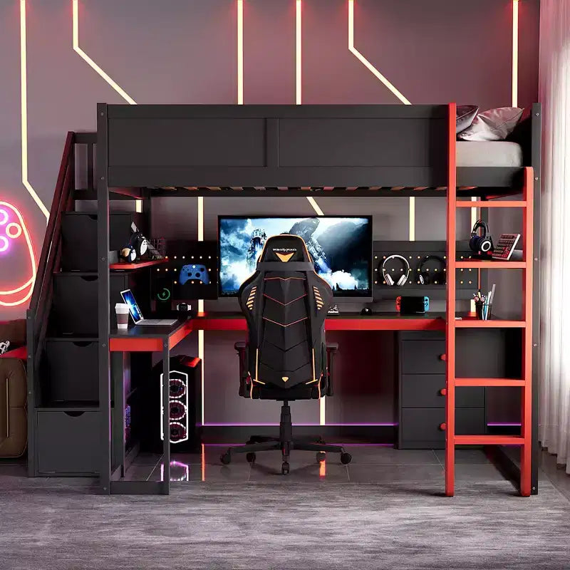 GDFStudio Scott hölzernes Gaming-Hochbett mit Stauraumtreppe, Schreibtisch, Regalen und Lochwand