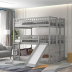 Doppelstockbett mit drei Etagen, Full-Size-Betten, umwandelbarer Leiter und Rutsche, Dreibettbett mit Schutzgeländern, Weiß/Grau/Espresso – ModernLuxe